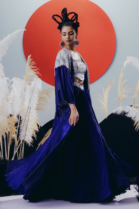 Buy_Krisha Sunny Ramani_Blue Tissue, Silk Sequins, Stones, Beads Round Neck Cape Set _Online_at_Aza_Fashions