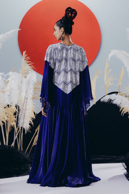 Krisha Sunny Ramani Blue Sequined Cape Set 