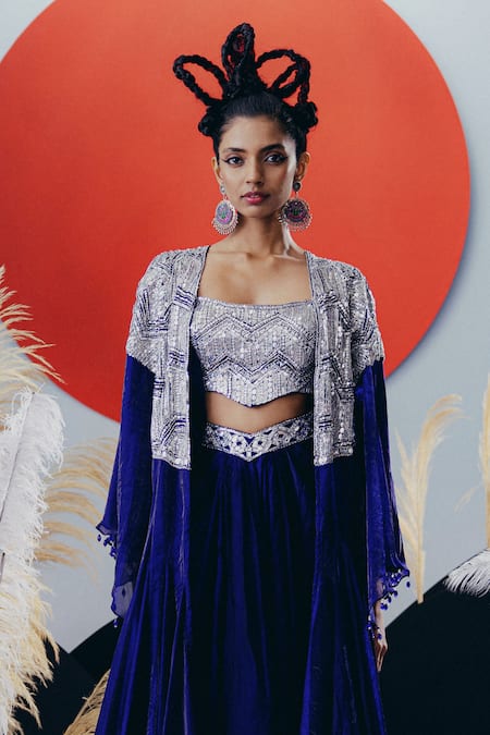 Shop_Krisha Sunny Ramani_Blue Tissue, Silk Sequins, Stones, Beads Round Neck Cape Set _Online_at_Aza_Fashions