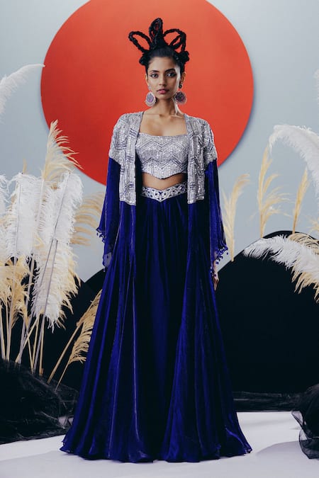 Krisha Sunny Ramani Blue Tissue, Silk Sequins, Stones, Beads Round Neck Cape Set 