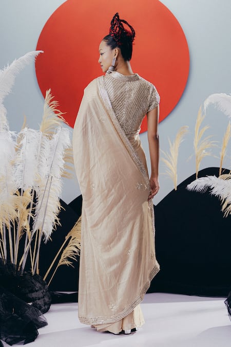 Krisha Sunny Ramani Gold Tissue Silk Pre-Draped Saree Set 