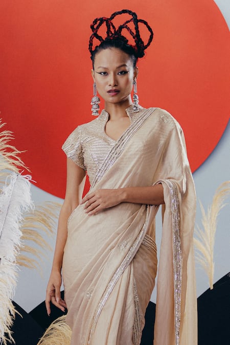 Krisha Sunny Ramani_Gold Silk, Tissue Cut Work, Sequins Round Neck Pre-draped Saree Set _Online_at_Aza_Fashions