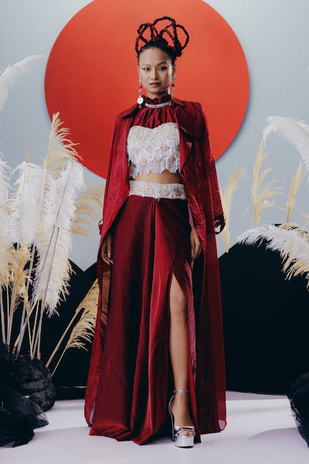 Krisha Sunny Ramani Maroon Tissue, Silk Stones, Sequins Round , High Cape Set 