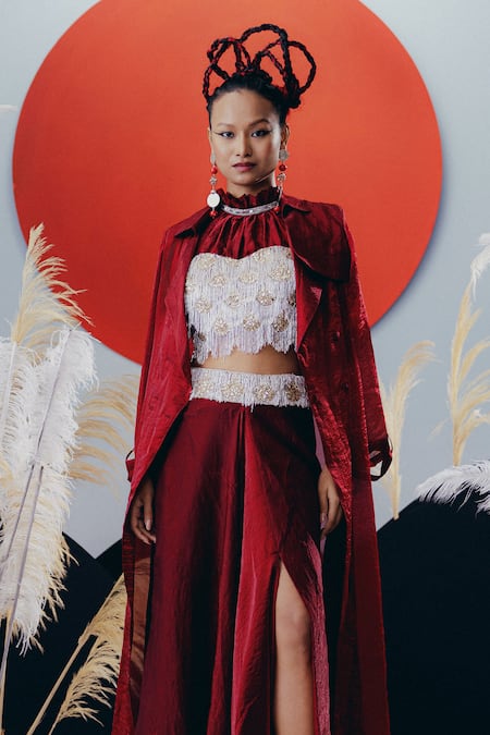 Krisha Sunny Ramani Maroon Tissue, Silk Stones, Sequins Round , High Cape Set Online at Aza Fashions Krisha Sunny Ramani_Maroon Tissue, Silk Stones, Sequins Round , High Cape Set _Online_at_Aza_Fashions