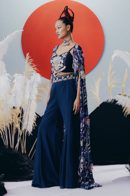 Krisha Sunny Ramani Blue Georgette Embellished Cape Set 