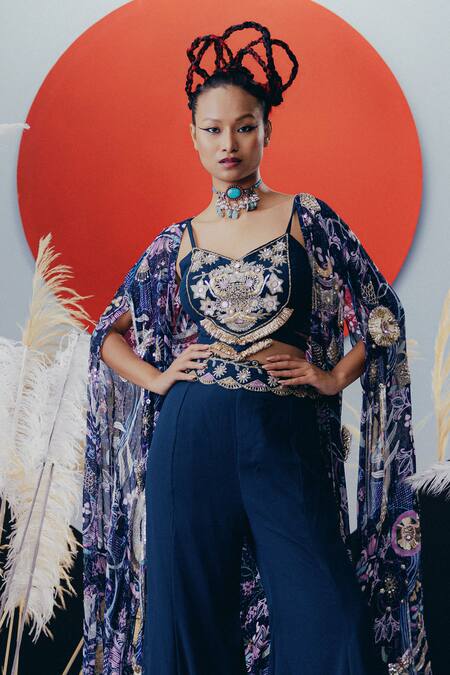 Krisha Sunny Ramani Blue Georgette Sequins, Stones Sweetheart , Open Embellished Cape Set Online at Aza Fashions Krisha Sunny Ramani_Blue Georgette Sequins, Stones Sweetheart , Open Embellished Cape Set _Online_at_Aza_Fashions