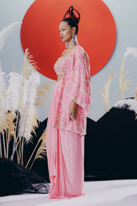 Krisha Sunny Ramani Pink Sequined Cape Blouse & Skirt Set 