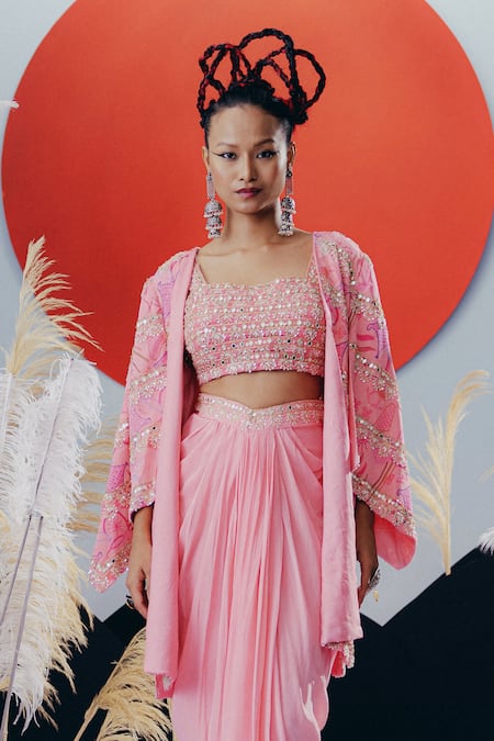 Krisha Sunny Ramani Pink Crepe, Georgette Sequins, Mirrors Round Neck, Open Cape Blouse And Skirt Set Online at Aza Fashions Krisha Sunny Ramani_Pink Crepe, Georgette Sequins, Mirrors Round Neck, Open Cape Blouse And Skirt Set _Online_at_Aza_Fashions