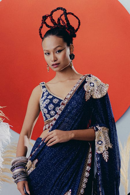 Krisha Sunny Ramani_Blue Georgette Sequins, Mirrors V-neck Designer Pre-draped Saree With Blouse _Online_at_Aza_Fashions