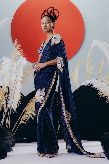 Buy_Krisha Sunny Ramani_Blue Georgette Sequins, Mirrors V-neck Designer Pre-draped Saree With Blouse _Online_at_Aza_Fashions