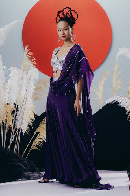 Krisha Sunny Ramani Purple Tissue, Silk Sequins, Stones, Beads Padded Blouse With Pre-draped Saree Online at Aza Fashions Krisha Sunny Ramani_Purple Tissue, Silk Sequins, Stones, Beads Padded Blouse With Pre-draped Saree _Online_at_Aza_Fashions