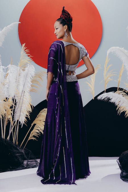 Krisha Sunny Ramani Purple Padded Blouse with Pre-Draped Saree 