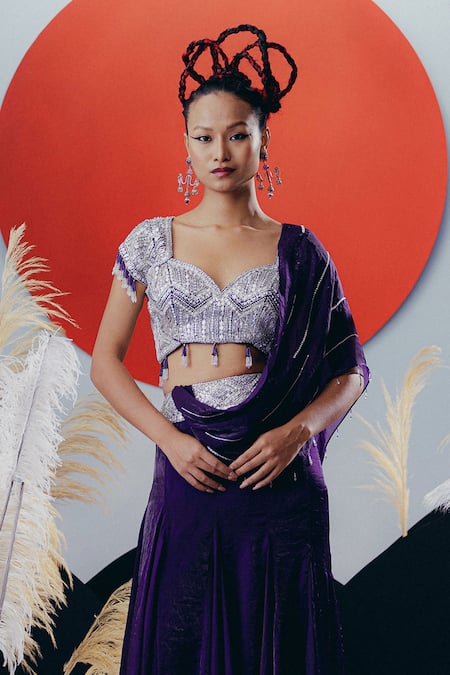 Buy Krisha Sunny Ramani Purple Tissue, Silk Sequins, Stones, Beads Padded Blouse With Pre-draped Saree Online at Aza Fashions Buy_Krisha Sunny Ramani_Purple Tissue, Silk Sequins, Stones, Beads Padded Blouse With Pre-draped Saree _Online_at_Aza_Fashions