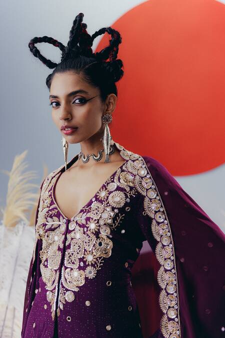 Krisha Sunny Ramani_Magenta Crepe, Georgette Sequins, Mirrors V-neck Work Kurta Gharara Set _Online_at_Aza_Fashions