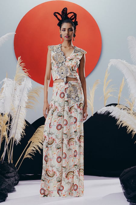Krisha Sunny Ramani White Crepe Sequins, Mirrors V-neck Multicolour Work Top And Pant Set 