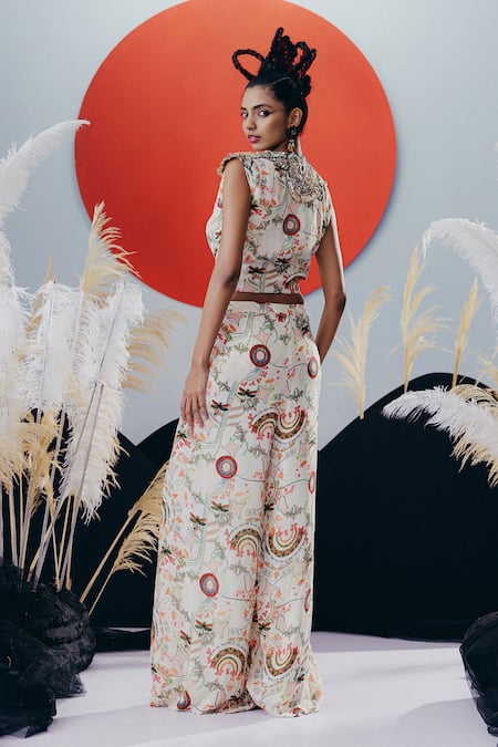 Krisha Sunny Ramani White Multicolour Mirror Work Top & Pant Set 