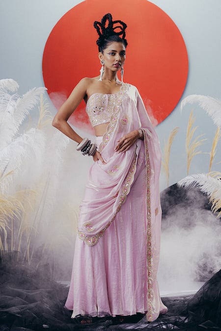Krisha Sunny Ramani Pink Silk, Tissue Sequins, Beads, Zari Sweetheart Neck Light Corset Blouse Set