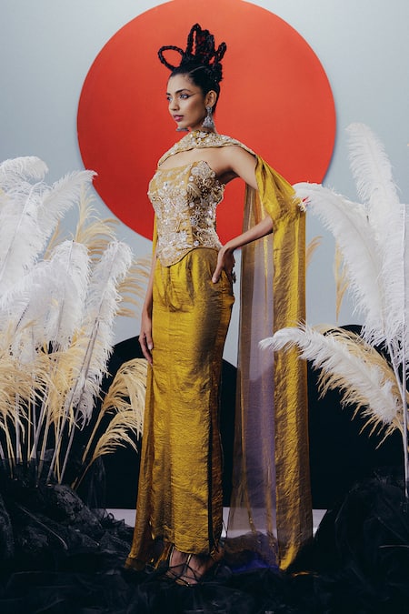 Krisha Sunny Ramani Gold Sequined Corset Skirt Set 