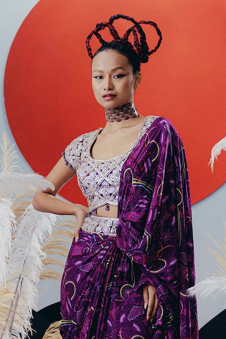 Krisha Sunny Ramani_Purple Crepe Sequins, Zari, Cut Work Round Neck Pre-draped Saree Set _Online_at_Aza_Fashions