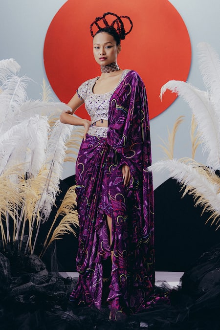 Buy_Krisha Sunny Ramani_Purple Crepe Sequins, Zari, Cut Work Round Neck Pre-draped Saree Set _Online_at_Aza_Fashions
