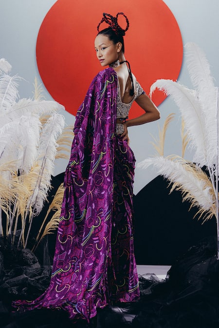 Krisha Sunny Ramani Sequined Purple Pre-Draped Saree Set 