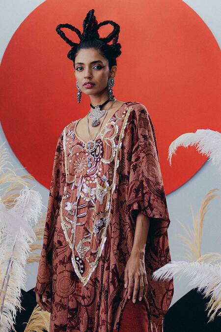 Krisha Sunny Ramani_Brown Crepe Mirrors, Sequins, Cut Work V-neck Embellished Kaftan _Online_at_Aza_Fashions