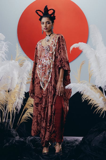 Krisha Sunny Ramani Brown Crepe Mirrors, Sequins, Cut Work V-neck Embellished Kaftan