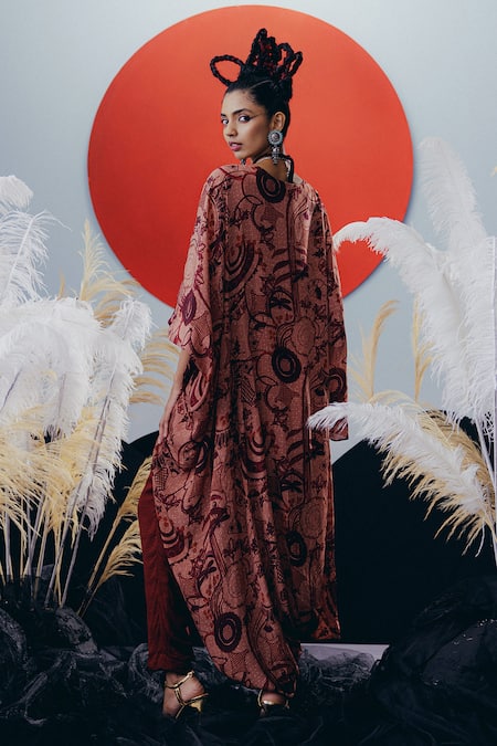 Krisha Sunny Ramani Brown Mirror Embellished Kaftan 