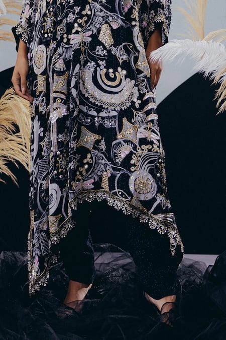 Krisha Sunny Ramani_Black Georgette Sequins, Beads, Cut Work V-neck Kaftan And Pant Set _Online_at_Aza_Fashions