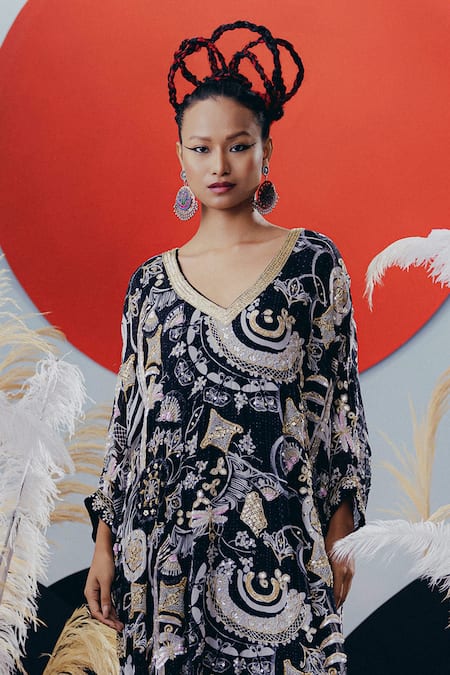 Buy_Krisha Sunny Ramani_Black Georgette Sequins, Beads, Cut Work V-neck Kaftan And Pant Set _Online_at_Aza_Fashions