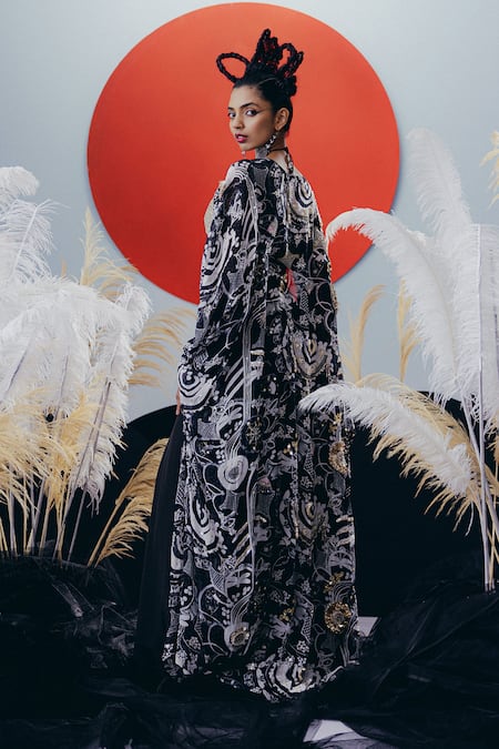 Krisha Sunny Ramani Black Georgette Sequined Kaftan & Pant Set 