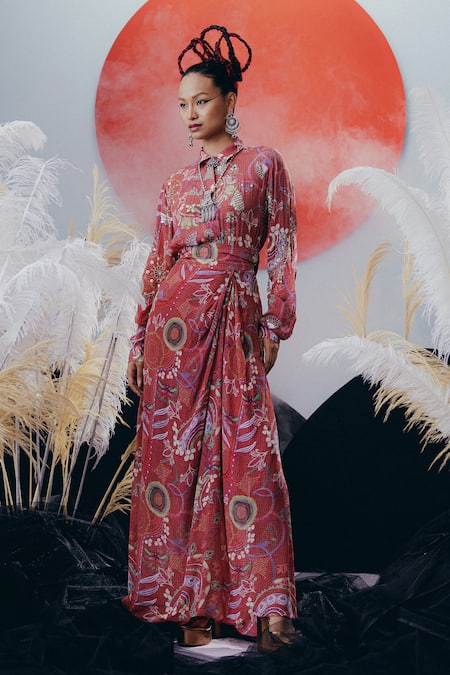 Krisha Sunny Ramani Pink Crepe Sequins, Beads, Cut Work Collared Designer Dhoti Skirt Set 