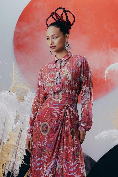 Krisha Sunny Ramani_Pink Crepe Sequins, Beads, Cut Work Collared Designer Dhoti Skirt Set _Online_at_Aza_Fashions