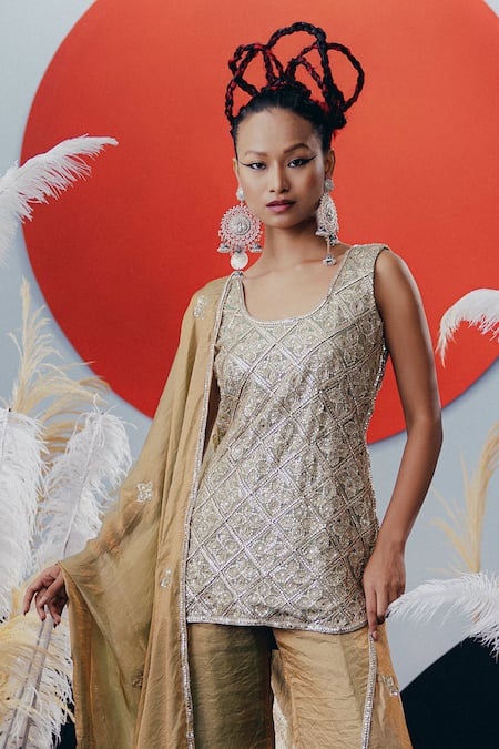 Krisha Sunny Ramani_Green Silk, Tissue Sequins, Beads Round Neck Gold Kurta Sharara Set _Online_at_Aza_Fashions