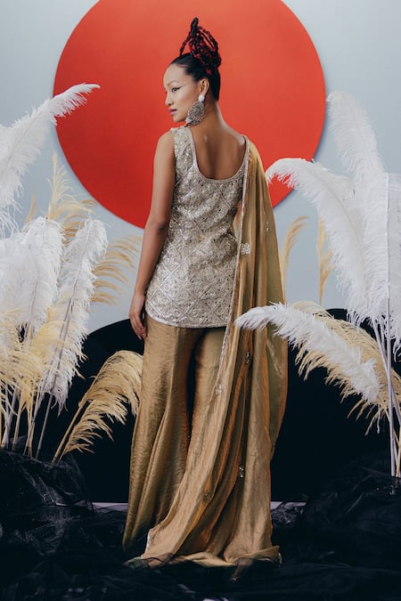 Krisha Sunny Ramani Green Gold Sequined Kurta Sharara Set 