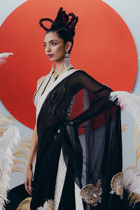 Krisha Sunny Ramani_Black Organza, Silk Sequins, Gota Patti, Mirrors Designer Pre-draped Saree Set _Online_at_Aza_Fashions