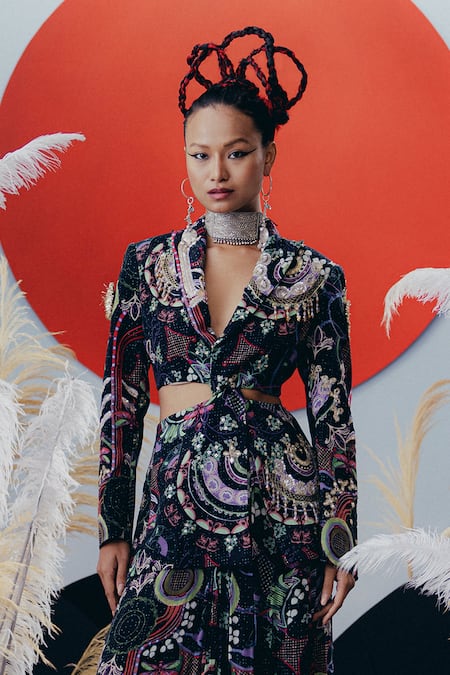 Krisha Sunny Ramani Green Crepe Mirrors, Sequins Collared Work Blazer And Dhoti Skirt Online at Aza Fashions Krisha Sunny Ramani_Green Crepe Mirrors, Sequins Collared Work Blazer And Dhoti Skirt _Online_at_Aza_Fashions