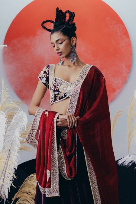 Krisha Sunny Ramani_Maroon Tissue, Silk Sequins, Beads, Mirrors Sweetheart Designer Lehenga Set _Online_at_Aza_Fashions