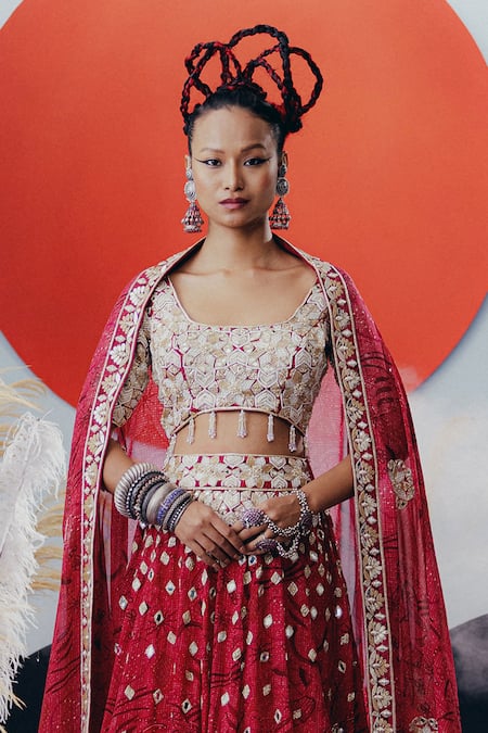 Krisha Sunny Ramani Red Georgette Pearls, Mirrors, Cut Work Round Zardosi Embellished Lehenga Set Online at Aza Fashions Krisha Sunny Ramani_Red Georgette Pearls, Mirrors, Cut Work Round Zardosi Embellished Lehenga Set _Online_at_Aza_Fashions