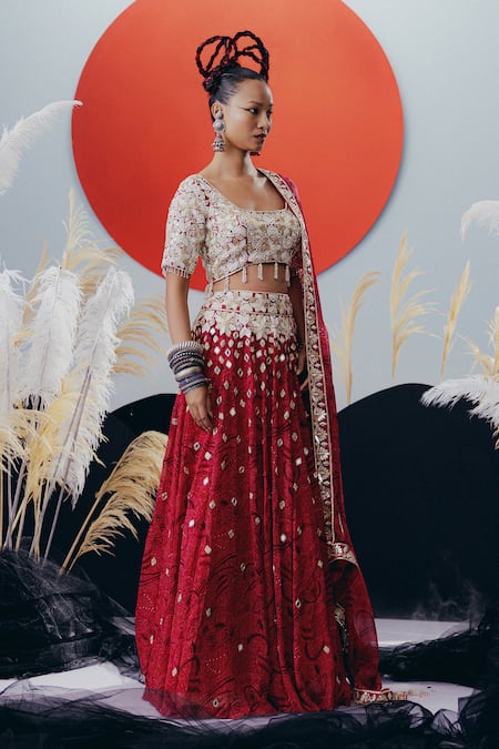 Krisha Sunny Ramani Red Zardosi Embellished Lehenga Set 