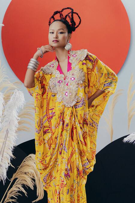Krisha Sunny Ramani_Yellow Crepe Sequins, Mirrors V-neck Designer Kaftan _Online_at_Aza_Fashions