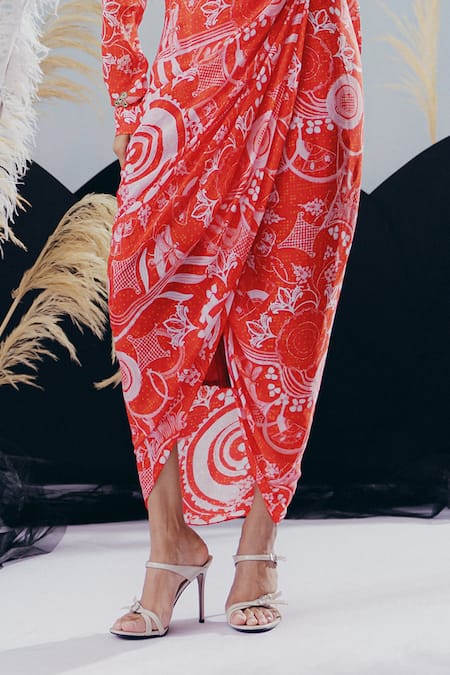 Krisha Sunny Ramani Red Crepe Sequins, Beads, Mirrors Collared Shirt And Skirt Set Online at Aza Fashions Krisha Sunny Ramani_Red Crepe Sequins, Beads, Mirrors Collared Shirt And Skirt Set _Online_at_Aza_Fashions