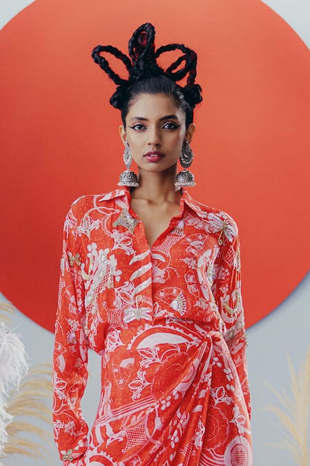 Krisha Sunny Ramani Red Sequined Crepe Shirt & Skirt Set 