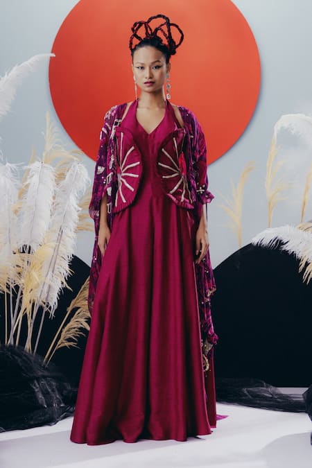 Krisha Sunny Ramani Magenta Georgette, Silk Sequins, Mirrors, Beads V-neck, Open Jumpsuit And Cape Set 