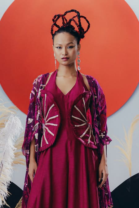 Krisha Sunny Ramani Magenta Sequined Jumpsuit & Cape Set 