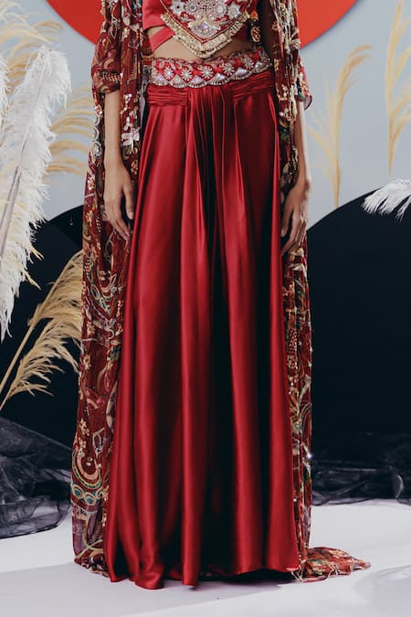 Krisha Sunny Ramani_Maroon Crepe, Georgette Sequins, Beads, Mirrors, Gota Patti, Blouse And Pant Set _Online_at_Aza_Fashions