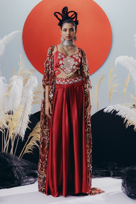 Krisha Sunny Ramani Maroon Crepe, Georgette Sequins, Beads, Mirrors, Gota Patti, Blouse And Pant Set 