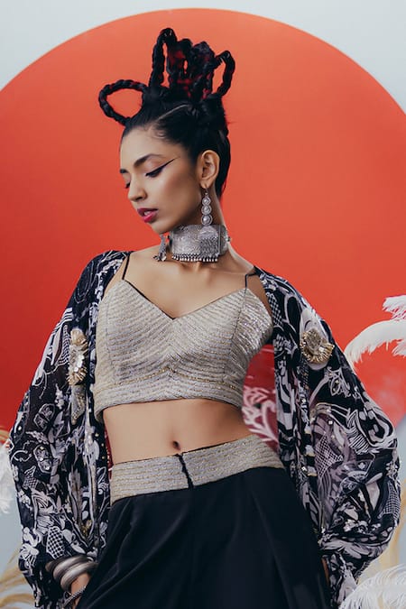 Krisha Sunny Ramani Black Sequined Cape Top & Pant Set 