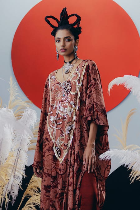 Krisha Sunny Ramani_Brown Crepe, Georgette Sequins, Beads Round Neck Kaftan And Pant Set _Online_at_Aza_Fashions