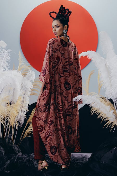 Krisha Sunny Ramani Brown Sequined Kaftan & Pant Set 